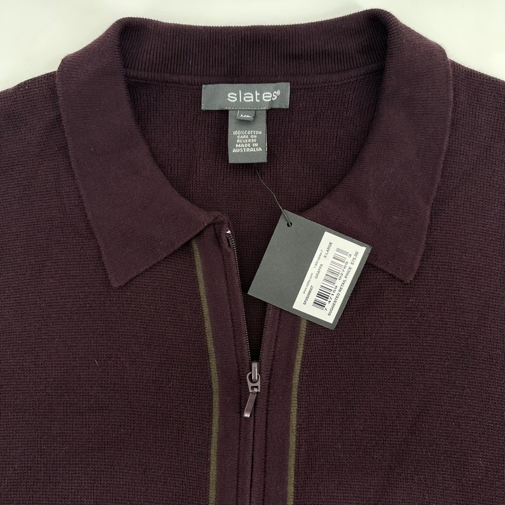 Slates Mens XL Full Zip Cotton Sweater Burgundy Grape Made in Australia NWT - Picture 3 of 9